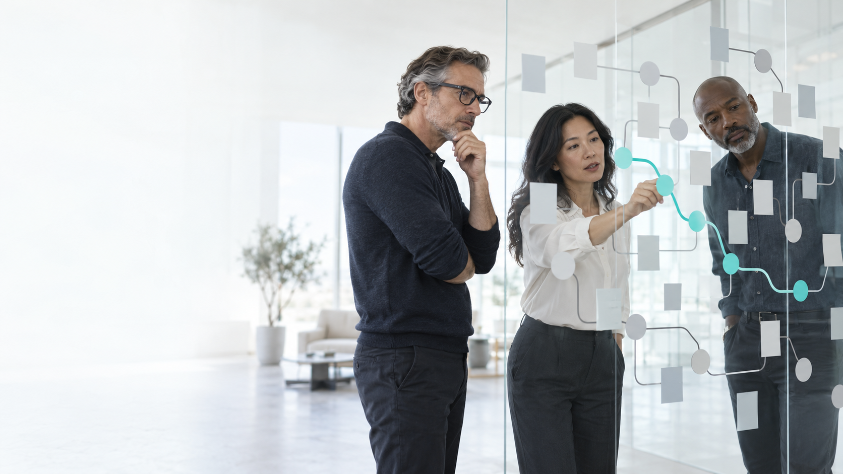 Three people examining the same connected customer journey from different perspectives