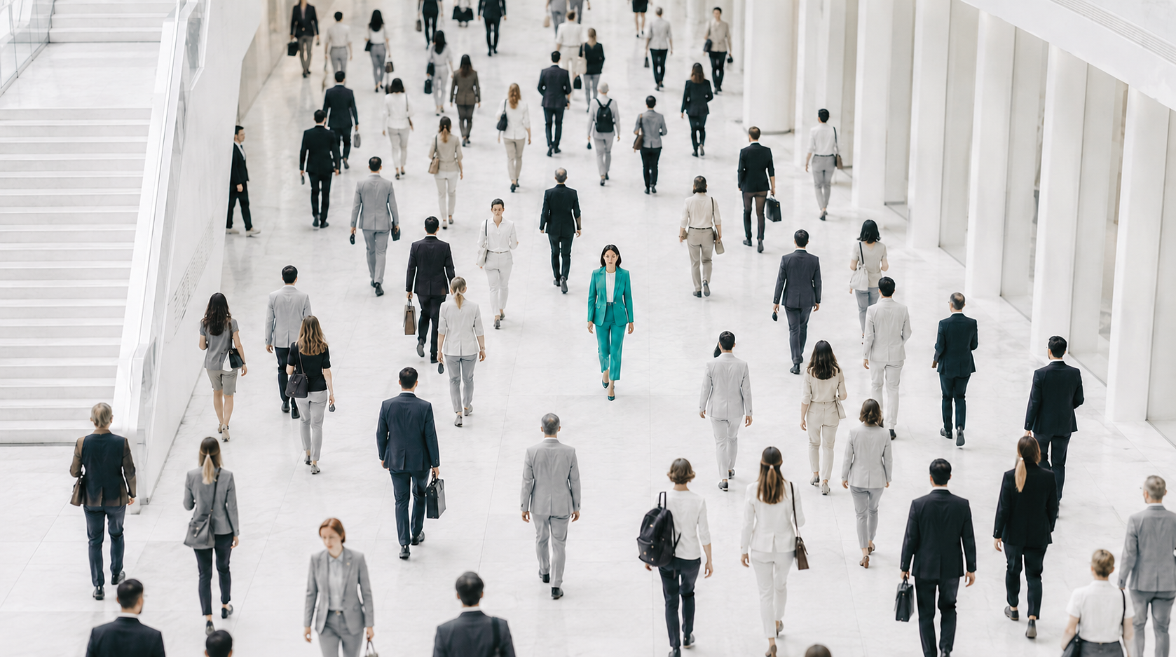 One person in turquoise moving with purpose through a monochrome crowd