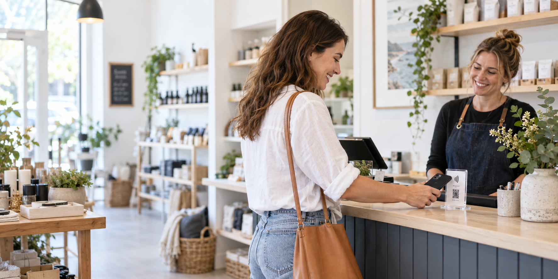 A local customer tapping a simple review prompt at a business counter