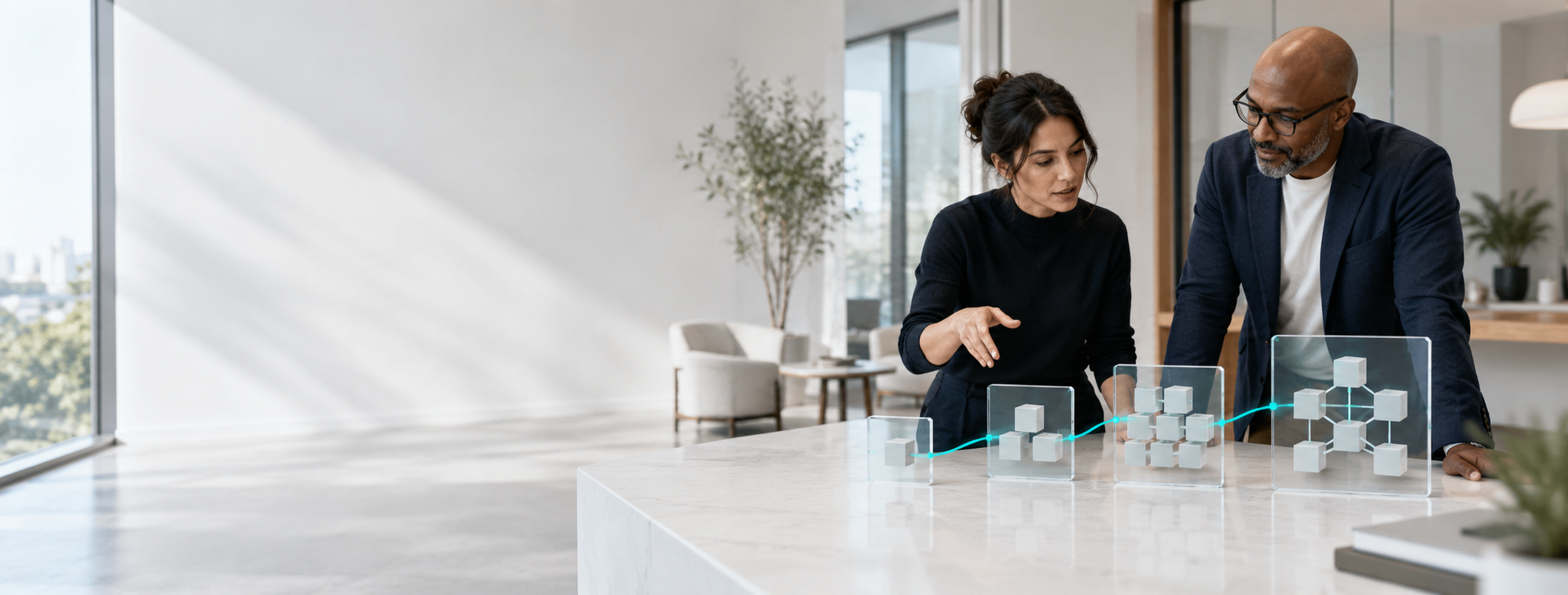 Two professionals comparing progressively larger digital experience pathways