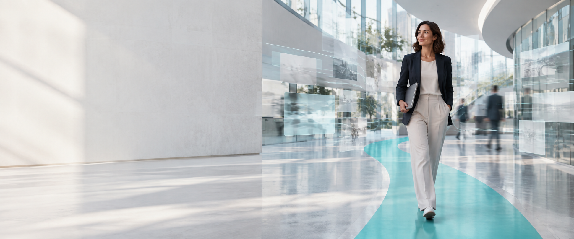 A professional following a clear turquoise path through a complex digital environment